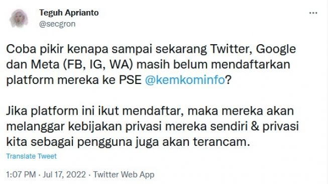 Screen shot tiga pasal karet di Aturan PSE Kominfo untuk blokir WA, FB, dan Google [Twitter].