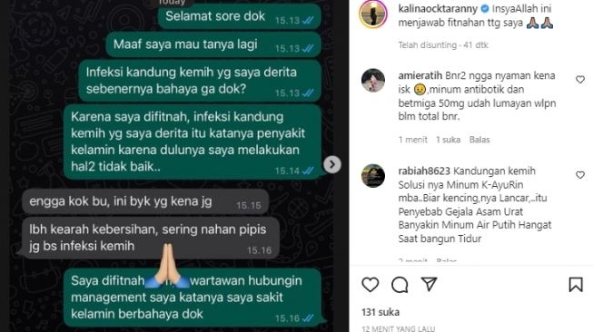 Kalina Oktarani menungkap percakapan dengan seorang dokter, tentang penyakit kandung kemih yang dideritanya dan dianggap penyakit menular seksual. [Instagram]