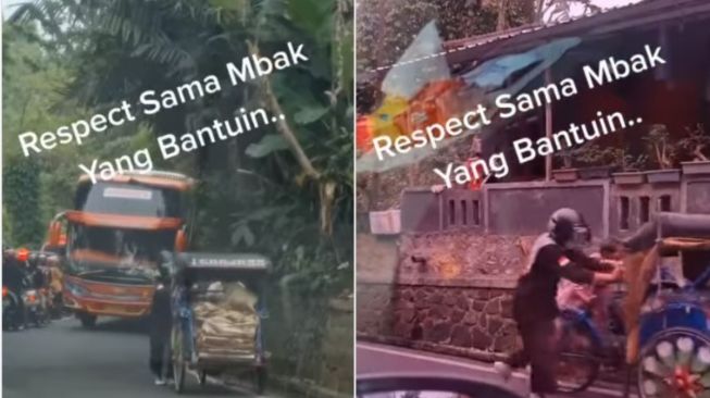 Becak Tak Kuat di Tanjakan, Aksi Perempuan Sat Set Bantu Dorong Tuai Pujian Publik: Idaman Netizen