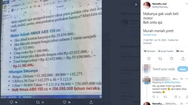 Viral hitung-hitungan lama siksa neraka untuk pembeli sepeda motor Yamaha Nmax dengan sistem kredit. (Twitter/@Mei2Namaku)