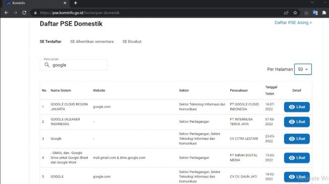 Daftar PSE Domestik. [Kominfo]