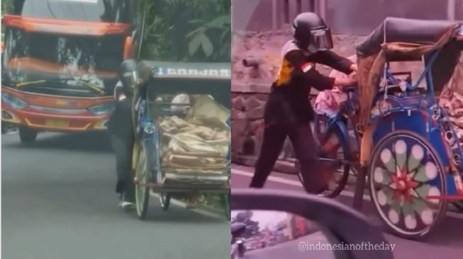 Terciduk Kamera Netizen, Pemotor Perempuan Berhati Malaikat Bantu Dorong Becak Kayuh Pria Tua yang Kesulitan Menanjak