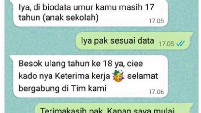 Percakapan HRD dengan pemuda yang diterima kerja melalui pesan WA (Twitter/ @Askrlfess).