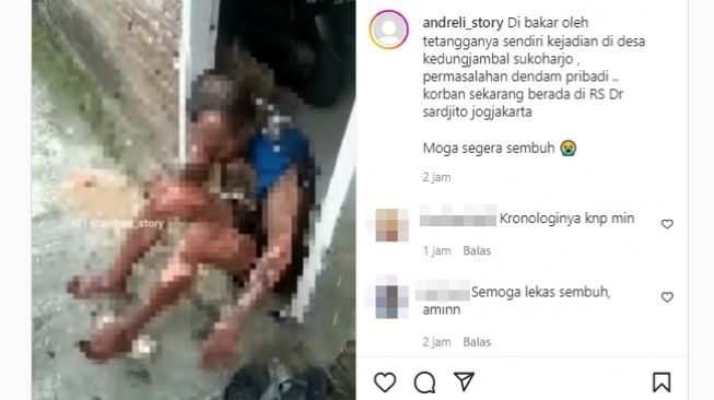 Pria dibakar tetangganya sendiri diduga akibat dendam pribadi. (Instagram/@andreli_story)