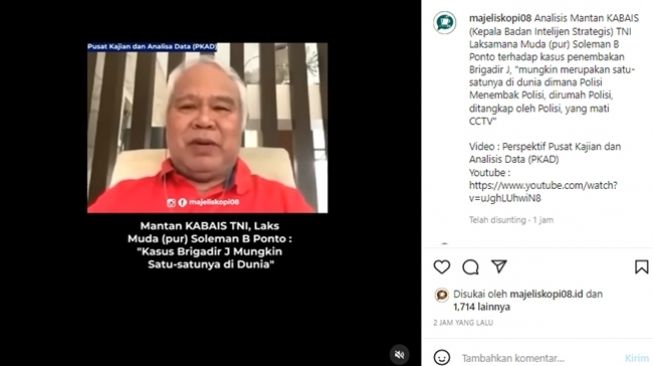 Eks KABAIS TNI Soleman B Ponto menanggapi soal kasus penembakan Brigadir J. (Instagram/@majeliskopi08)