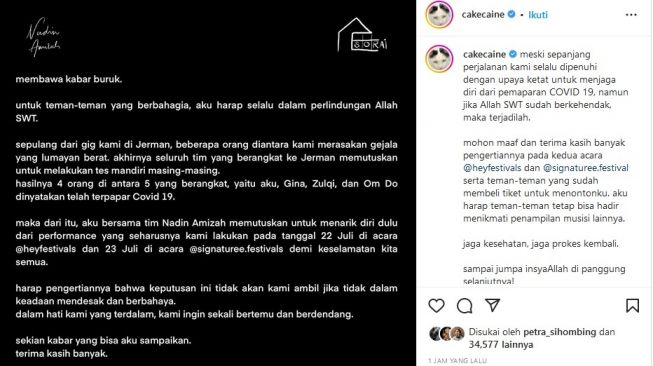 Nadin Amizah umumkan pembatalan konser setelah ia dinyatakan terinfeksi Covid-19. [Instagram @cakecaine]