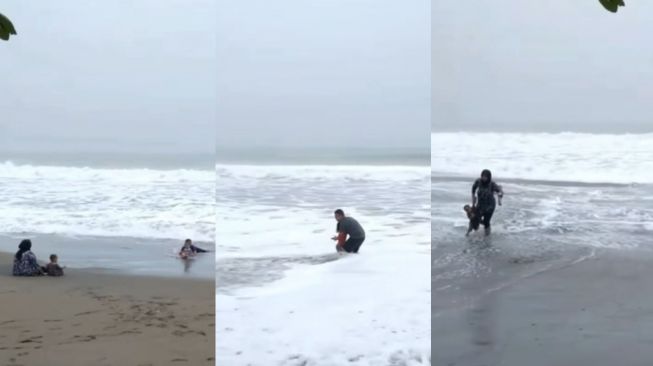 Hampir Terseret Ombak saat Duduk di Pinggir Pantai, Tindakan Ibu yang Tarik Tangan Anak Jadi Sorotan Publik