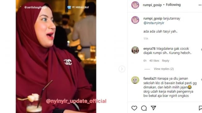 Tangkapan layar saat Tasyi Athasyia, Yotuber Kuliner yang pernah utang di kantin sekolah sampai Rp2 juta. (Instagram/@rumpi_gosip)