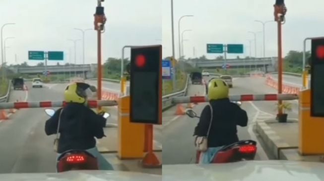 Viral Momen Emak-Emak Pengendara Sepeda Motor Kebingungan saat Tersasar Hingga Depan Palang Pintu Tol