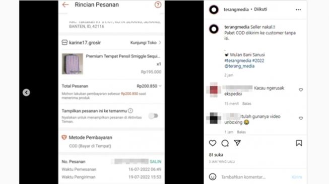 Pembeli mengamuk mendapatkan kotak kosong padahal membeli barang dengan sistem COD seharga Rp200.000. (Instagram/@terangmedia)