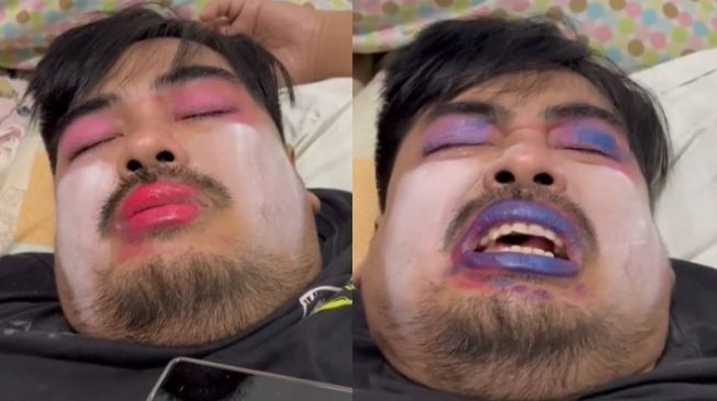 Wajah Bapak Ini Full Makeup Karya Anaknya, Netizen: Pas Pacaran Jadiin Badut Ibunya Pas Udah Nikah Jadiin Badut Anaknya