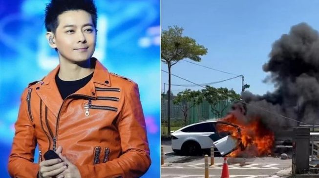 Penyanyi Taiwan Jimmy Lin Kecelakaan, Mobil Tesla yang Dikendarai Tabrak Tiang Listrik dan Terbakar