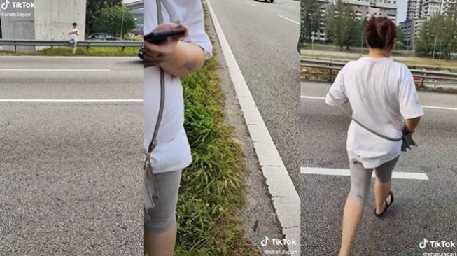 Wanita ditinggalkan di tengah jalan tol setelah berselisih paham dengan suami. (TikTok/@shatulapan)