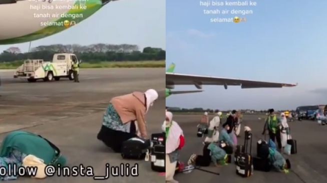 Selamat Tiba di Tanah Air, Begini Momen Haru Rombongan Jemaah Haji Sujud Syukur Usai Turun dari Pesawat
