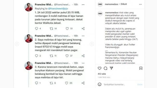 Wanita memprotes mobil pengawal mantan wakil presiden yang dianggap ugal-ugalan di jalan. (Instagram/@memomedsos)