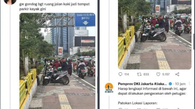 Warga Protes Trotoar Dipakai Parkir, Tanggapan Akun Pemprov Minta Info Detail Malah Diskakmat Pengguna Twitter