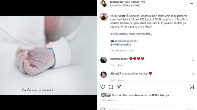 Ria Ricis dan Teuku Ryan mengabarkan kelahiran anak pertama, Selasa (26/7/2022). [Instagram]