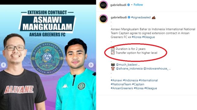 Ansan Greeners harus lepas Asnawi Mangkualam jika Jeonbyuk Hyundai Motors beri tawaran. (Instagram/gabrielbudi)