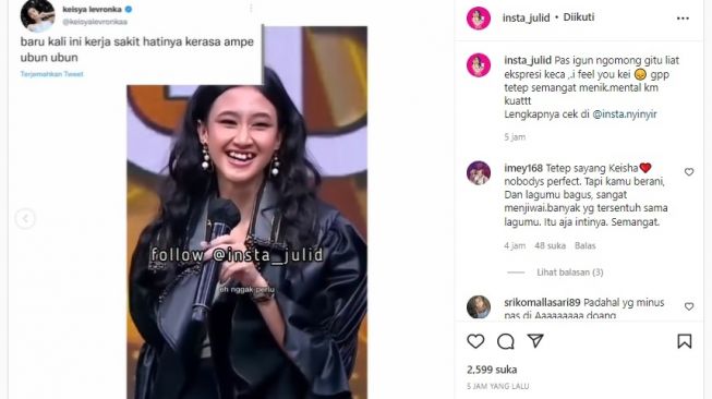 Tangkapan layar penyanyi Keisya Levronka yang mencurahkan rasa sakit hatinya ketika tampil di salah satu Stasiun TV. (Instagram/@insta_julid)