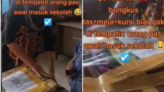 Tangkapan layar seorang ibu-ibu membungkus meja dan kursi kelas untuk ditempati anaknya. (Instagram/dunia_kaumhawa)