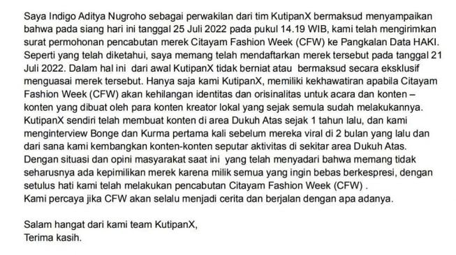 Pernyataan Indigo Aditya mencabut permohonan HAKI Citayam Fashion Week. [Instagram/kutipanx]