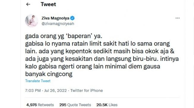 Twit Ziga Magnolya membela Keisya Levronka, yang belakagan mendapat banyak hujatan, salah seorangnya Ivan Gunawan. [Twitter]