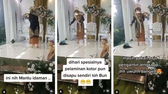 Antimainstream! Masih di Tengah Pernikahan, Pengantin Perempuan Ini Malah Santai Sapu Pelaminan: Mantu Idaman