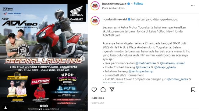 Jadwal rilis Honda ADV 160 di Yogyakarta (Instagram)