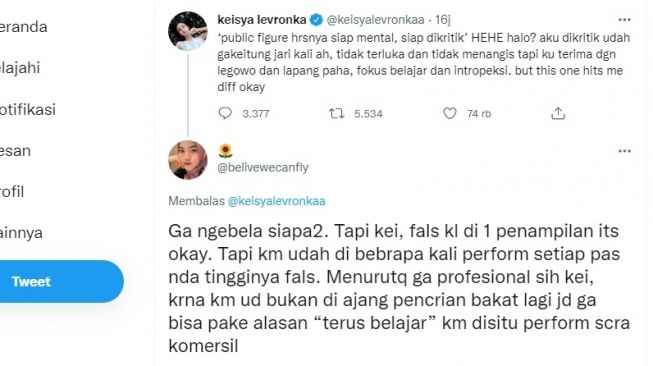 Tangkapan layar cuitan netizen soal curhatan Keisya Levronka yang tak profesional. (Twitter/@believewecanfly)