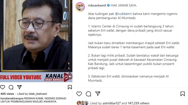 Ridwan Kamil jawab tudingan ngemis dana pembangunan masjid [Instagram/@ridwankamil]