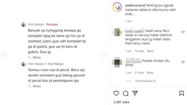 Viral ibu-ibu protes anaknya dapat paket makanan berisi telur goreng busuk dari restoran cepat saji terkenal. (Instagram/@undercover.id)