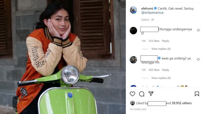 Postingan El Rumi memperlihatkan Sintya Marisca berada di atas motor Vespa (Instagram)