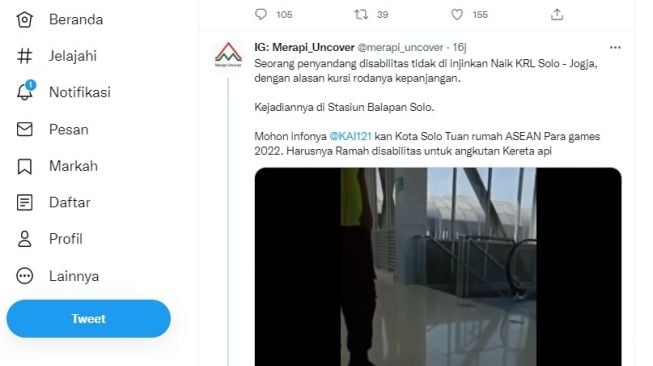 Tangkapan layar penyandang disabilitas dilarang naik KRL. (Twitter/@merapi_uncover)