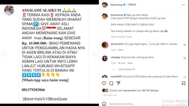 Baim Wong bantu korban penipuan giveaway [Instagram/@baimwong]