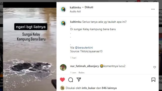 Lumpur Hitam Keluar dari Dasar Sungai Kelay Kampung Bena Baru, Warganet: Monster