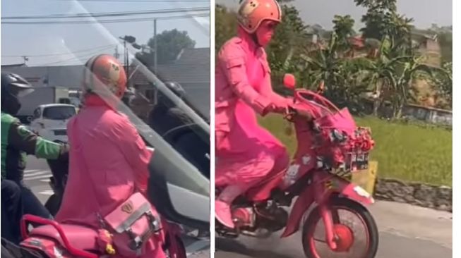 Emak-emak gunakan motor serba pink, outfinya juga senada (Instagram)
