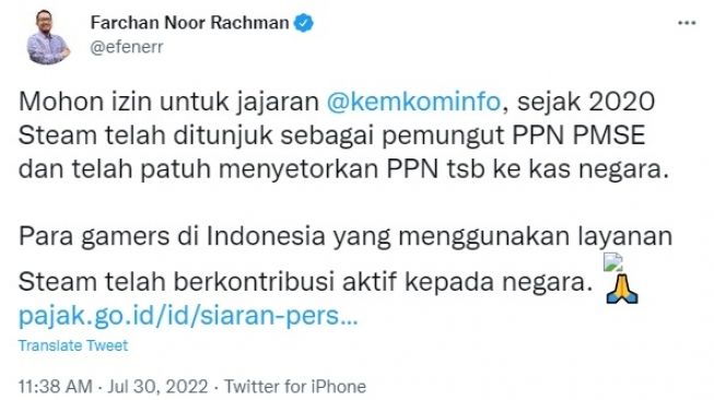 Cuitan soal pembayaran pajak Steam. [Twitter]