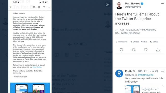 Twitter Blue naikkan harga langganan. [Twitter]