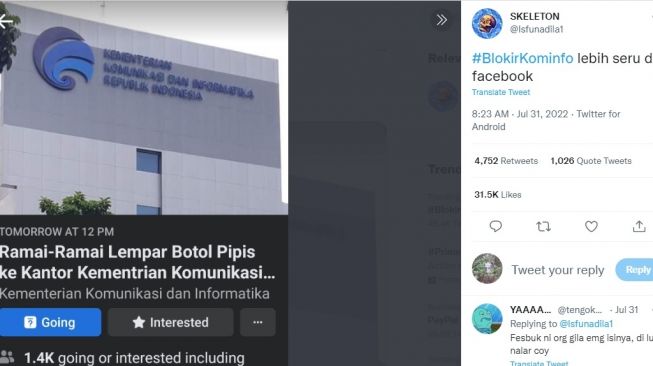 Viral Ajakan Lempar Botol Air Kencing ke Kantor Kominfo. [Twitter]