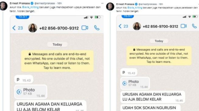 Akun WhatsApp Arie Kriting Diteror (Twitter/@ernestprakasa)