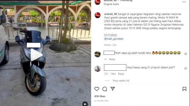 Yamaha NMAX dicuri saat parkir di acara religi Haul di Gresik (Instagram)