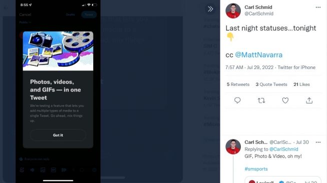 Uji fitur baru Twitter, satu tweet unggah foto, video, dan Gif sekaligus. [Twitter]