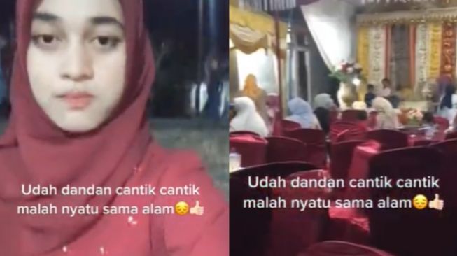 Pakai Baju dan Jilbab Merah, Cewek Ini Malah Menyatu dengan Kursi Kondangan