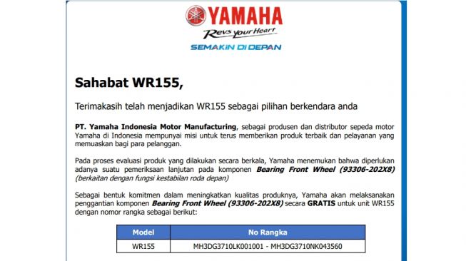 Yamaha lakukan recall pada produk mereka yakni WR155 (YIMM)