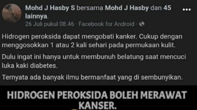 CEK FAKTA: Benarkah Hidrogen Peroksida Dapat Sembuhkan Kanker Jika Digosokkan ke Kulit?