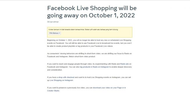 Layanan Live Shopping ditutup. [Facebook] 