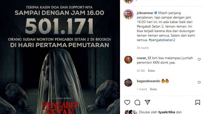 Joko Anwar umumkan penjualan tiket film Pengabadi Setan 2 di hari pertama. [Instagram]