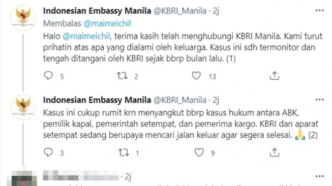 Tanggapan KBRI Manila mengenai kasus kru WNI di kapal berbendera Panama, MV Sky Fortune, yang sudah 7 bulan tertahan di Tabaco, Filipina. (Twitter/@KBRI_Manila)