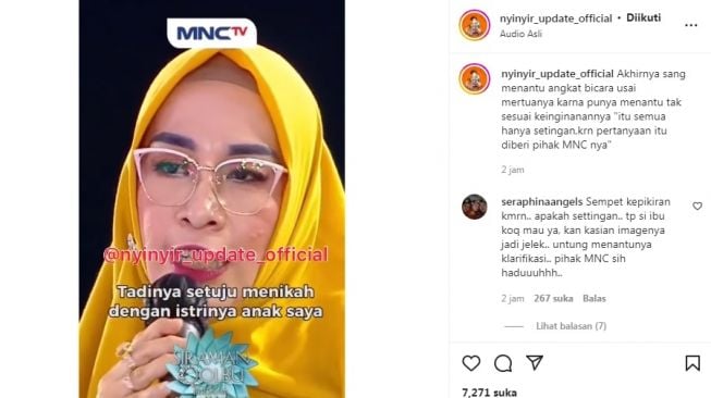 Unggahan soal mertua curhat ke Mamah Dedeh perihal menantunya. [Instagram/@nyinyir_update_official]