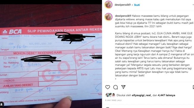 Dewi Perssik menuding Angga Wijaya memalsukan tanda tangannya. [Instagram]